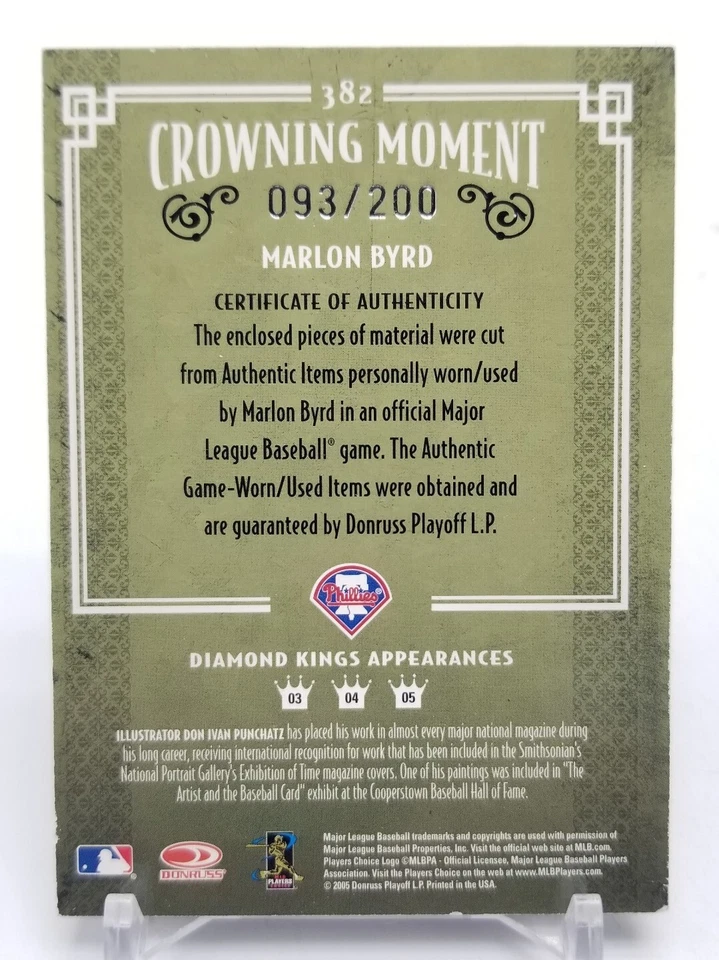 2005 Donruss Diamond Kings MARLON BYRD Crowning Moment Red Jersey Bat Relic /200 - Image 4 of 4