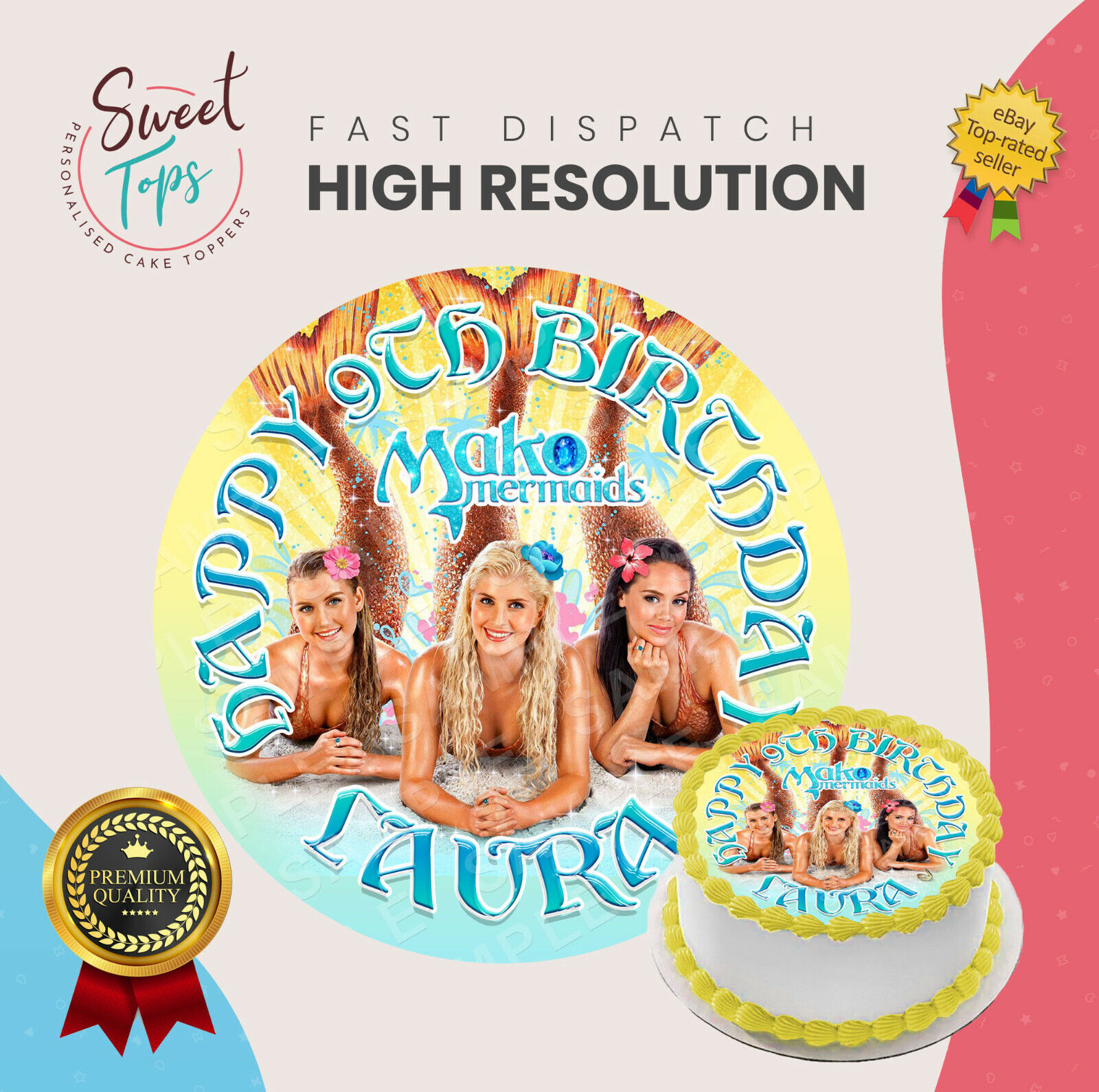 MAKO MERMAIDS ROUND EDIBLE BIRTHDAY CAKE TOPPER DECORATION