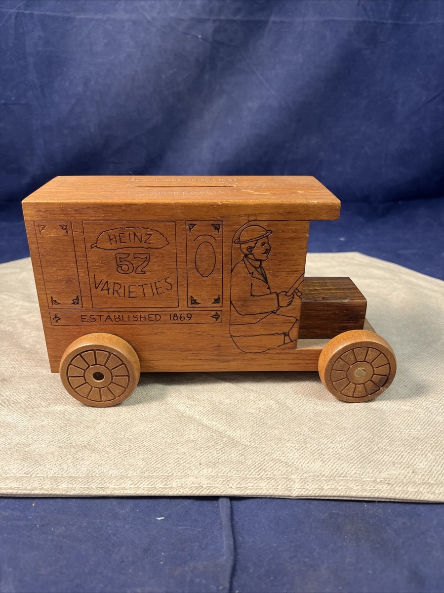 Vintage 1982 Wooden Piggy Bank Music Player Heinz Pickle Delivery