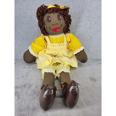 Vintage Handmade Black Rag Doll 23 Inch Yellow Gingham Outfit Yarn Hair Earrings