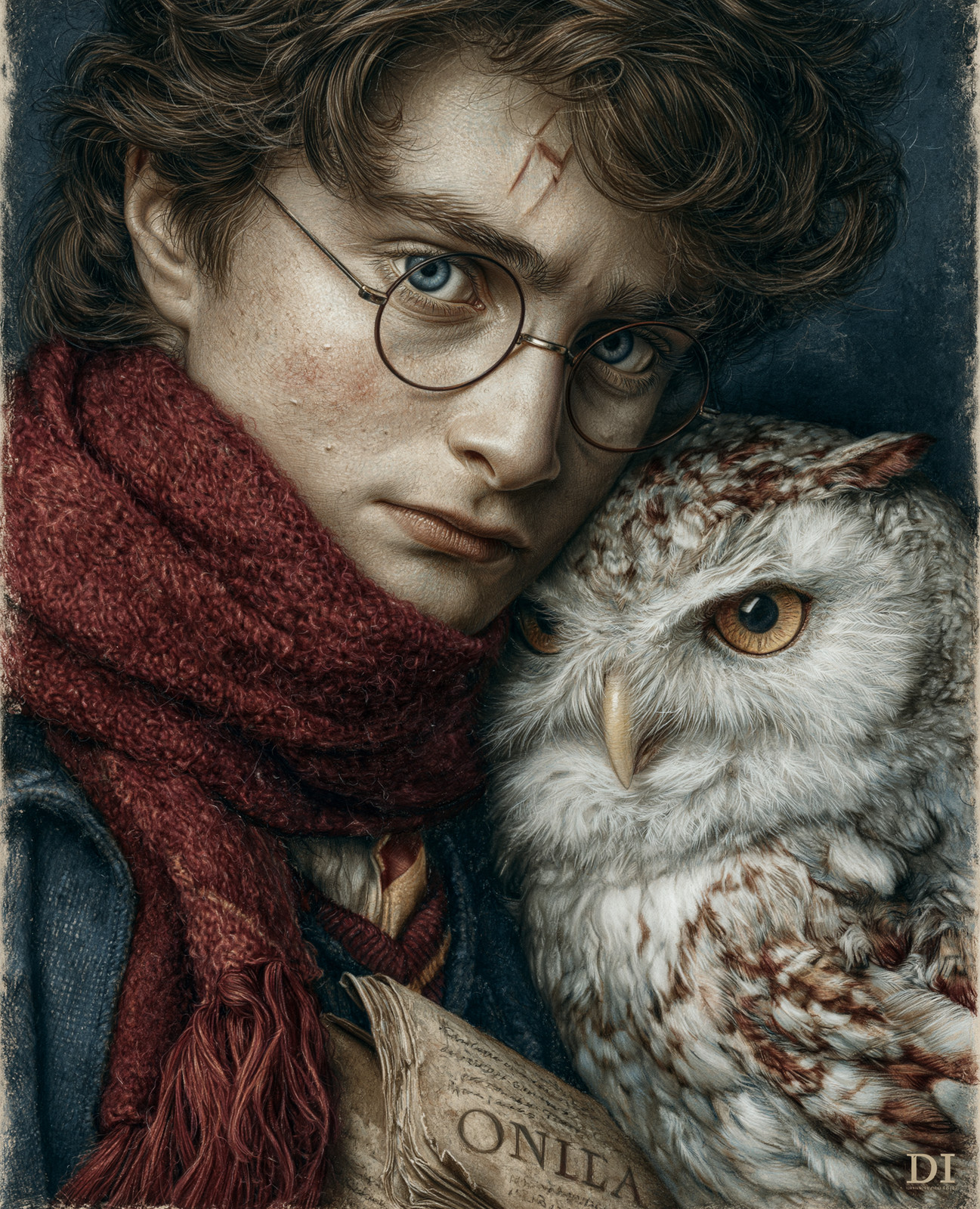Harry Potter con Búho Hedwig en Bufanda Roja Arte/702036828