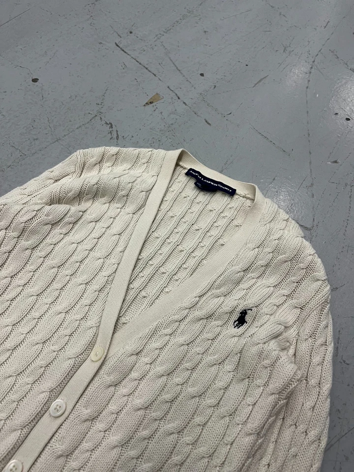 Ralph Lauren Cárdigan Deportivo Suéter Para Mujer PEQUEÑO Beige Tejido con Cable Botón Delantero Foto 3 de 4