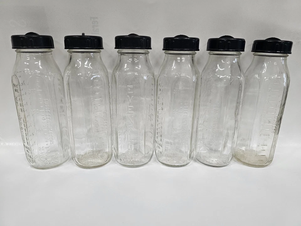 LOTE VINTAGE EVENFLO BIBERONES DE VIDRIO PARA BEBÉ 8 OZ. JUEGO DE 6 TAPAS EN RELIEVE CON TAPAS Foto 3 de 3