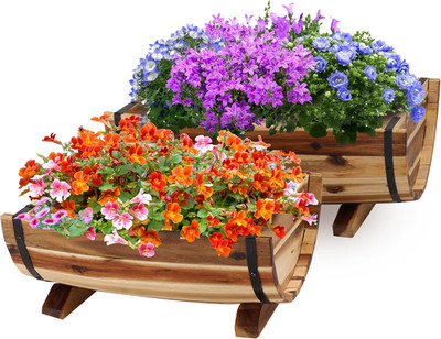 Solid Acacia Wood Half Barrel Planters Outdoor Set of 2 Different Sizes, Wooden