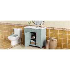 36" Bathroom Vanity with Ceramic Sink, Green, Solid Wood Frame,
