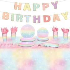 172 Pcs Pastel Rainbow Tableware Set, Easter Birthday Party Decoration, Dinne...