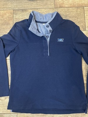 LL Bean Women Sunwashed Pullover Mock Button Kangaroo Blue Logo Sweatshirt MED 