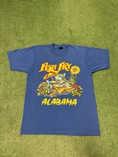 Vintage 80s Alabama Fish Fry Shirt Men’s Size Large (Medium) Blue Cartoon VTG