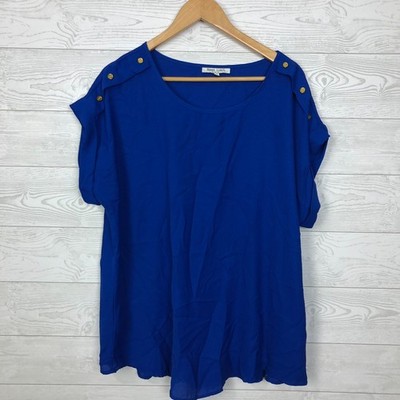Speed Limit Women's 2X Scoop Neck Top Short Sleeve Button Detail Solid Blue