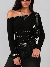 Womens Stretch Rivets One Off Shoulder Long Sleeve Blouse Tops Summer Tee Shirts