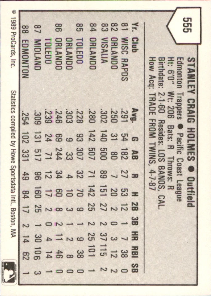 Stan Holmes 1989 ProCards Minor League T/S #555 RC Edmonton Trappers ** - Image 2 of 2
