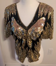 VINTAGE 80's Sequin Butterfly Blouse Top Silk Black Gold Evening Wear BLING Y2K