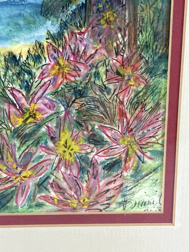 Paisaje marino costero floral acuarela original - enmarcado, firmado, paisaje de playa Foto 3 de 4