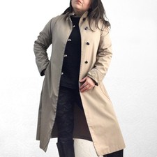 Vintage 70s khaki tan trench coat twill jacket women  s 10 mandarin collar toggle