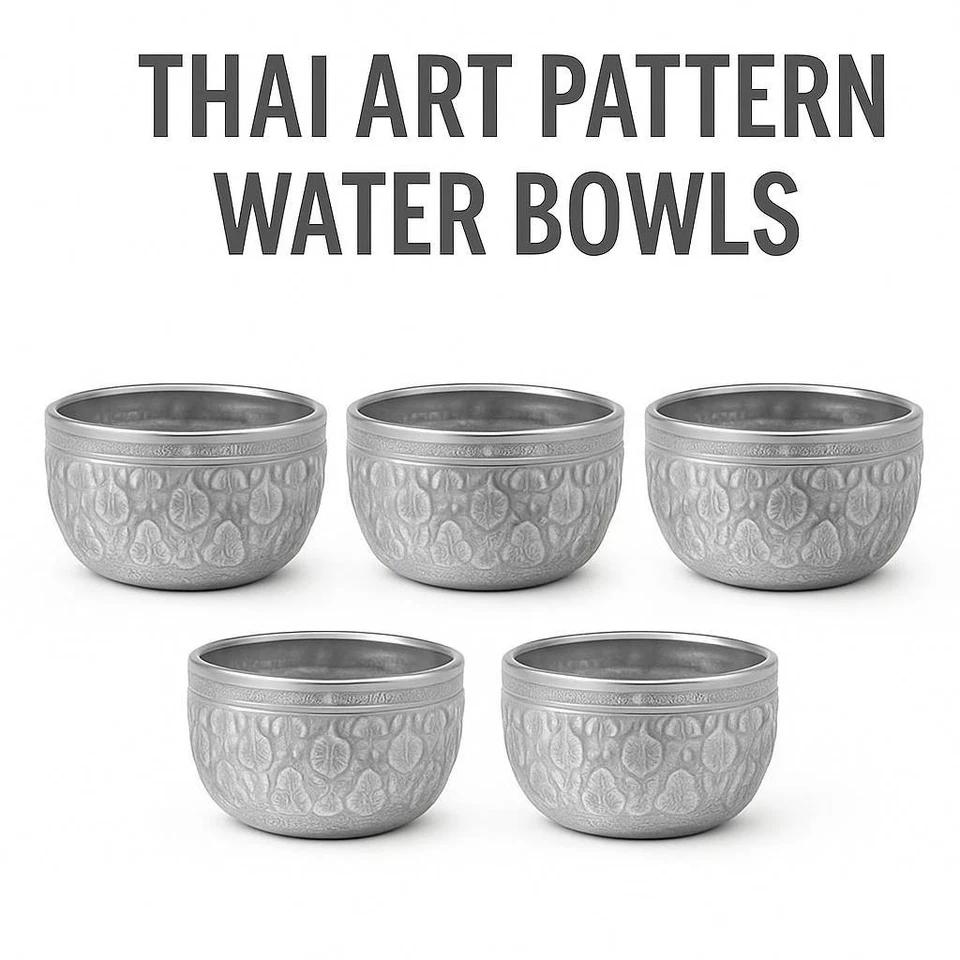 Patrón de arte tailandés estilo vintage cuenco de agua taza aluminio color plata 1 juego 5 piezas Foto 2 de 4