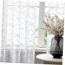 White Sheer Curtains 84 Inches Long, 52"W x 95"L Pack of 2 Black Cube Foil