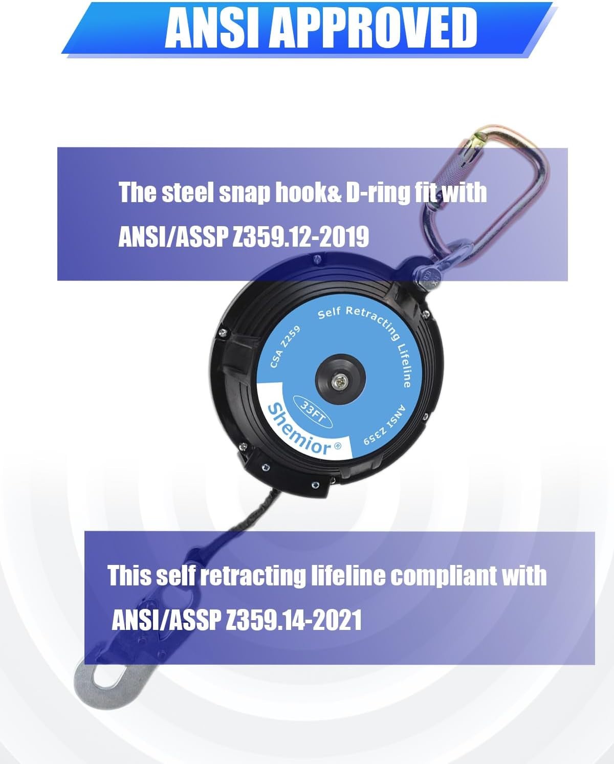 🔥 SHEMIOR 33FT Web Self Retracting Lifeline, No Tangle Lightweight Housing SR