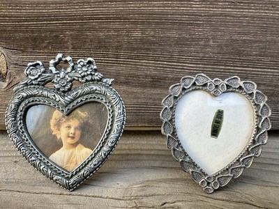 Vintage Mini Pewter Heart Photo Frames Floral Victorian Style 2  Decor Craft
