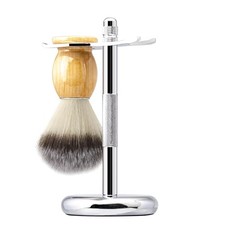 Safety Razor and Brush Stand Holder with Synthetic Hair Shaving Brush silver