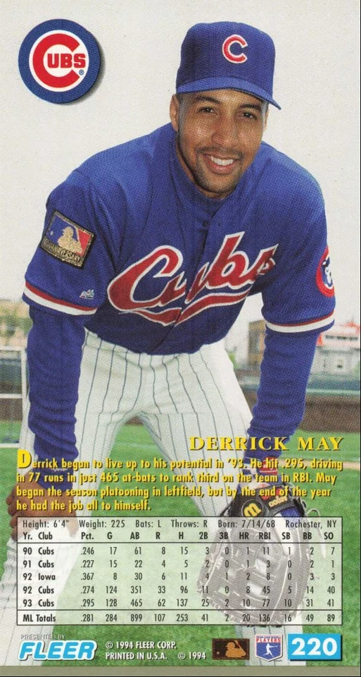 1994 Fleer Extra Bases Derrick May Chicago Cubs #220 - Image 2 of 2