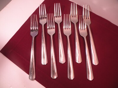 Set Of 8 Gable Dinner Forks Oneida Glossy Stainless Feather Edge 7 7/8''