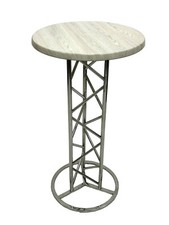 Truss poseur tables with a white driftwood top, tall tables, cocktail tables
