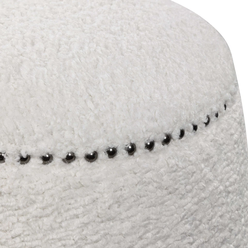 Glam Modern Gumdrop Shape White Faux Shearling Stool Plush Ottoman Round Soft - Image 4 of 4
