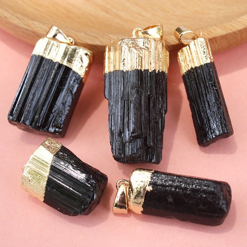 1PC Natural Black Tourmaline Pendant Raw Crystal Silver Gold Trim For Necklace - Picture 6 of 10