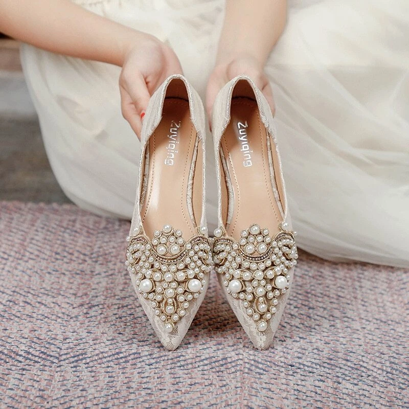 Wedding Shoes Women Bridal Shoes Satin Pearl Rhinestone Pointed