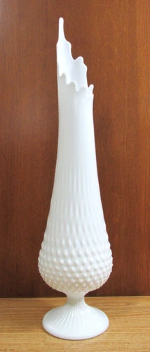 Vtg MCM Fenton White Hobnail Milk Glass Swung Stretch Vase 19.5” Tall
