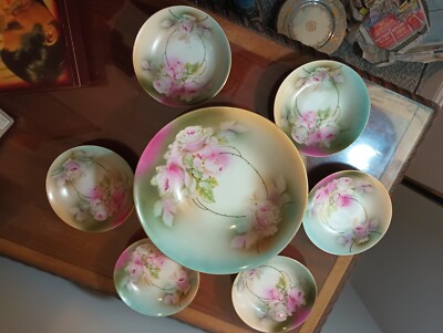 Antique Kahla German Porcelain Hand-Painted Fruit Bowl Set with 6 Berry Bowls