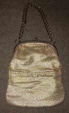 Vintage Gold Evening Bag Purse Shiny Kisslock Closure w/ chain Orange Vinyl