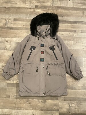 London Fog Coat Womens M Goose Down Insulated Parka Fur Hood Aztec Jacket (F296)