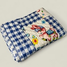 Vintage Fabric Baby Quilt Animals Blue Gingham Hand Quilted Cotton 29 x 42