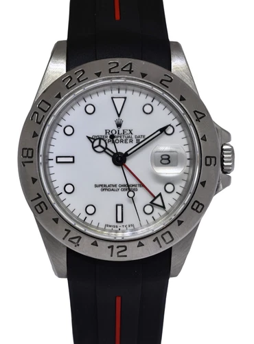 Rolex Explorer II GMT Steel White Dial Mens 40mm Watch on Rubber Strap S 16570