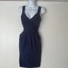 Bisou Bisou  V Neck Blue Pleated Bodice Size 8 Pockets Dress Women’s