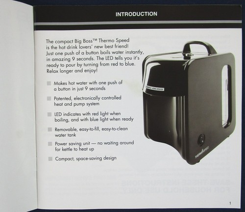 Big Boss Thermo Speed Hot Water Dispenser Instruction Manual Booklet ONLY 8847FE - Foto 2 di 2