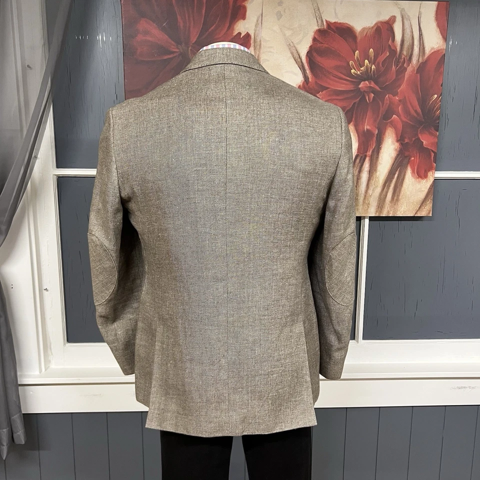 Joseph Abboud 亚麻羊毛西装外套运动外套男式 42R 修身米色峰翻领 — 第 3/4 张图片