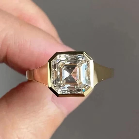 Men's 2Ct Asscher Cut VVSI Real Moissanite Solitaire Ring 14K Yellow Gold Plated - image 2 of 4