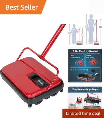 Hand-Push Red Carpet Sweeper - Mini Size, One-Touch Debris Disposal, Quiet Clean