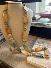 Long Multicolor Tan And Turquoise Flat Beaded Statement Necklace Boho Chic