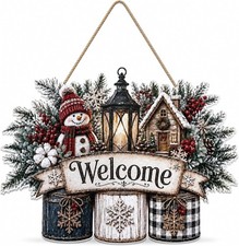 Christmas Door Sign Welcome Winter Snowman Wooden Hanging for Xmas Front Decor