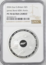 GREAT BRITAIN 2024 JAMES BOND 60TH AN. £5 2 OUNCE SILVER COIN NGC CERTIFIED PF70