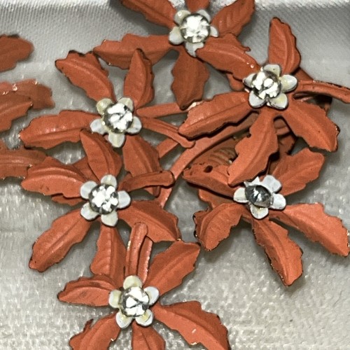 Vintage Floral Ear Climber Earrings Orange Enamel Rhinestone 1 1/2” - Picture 2 of 7