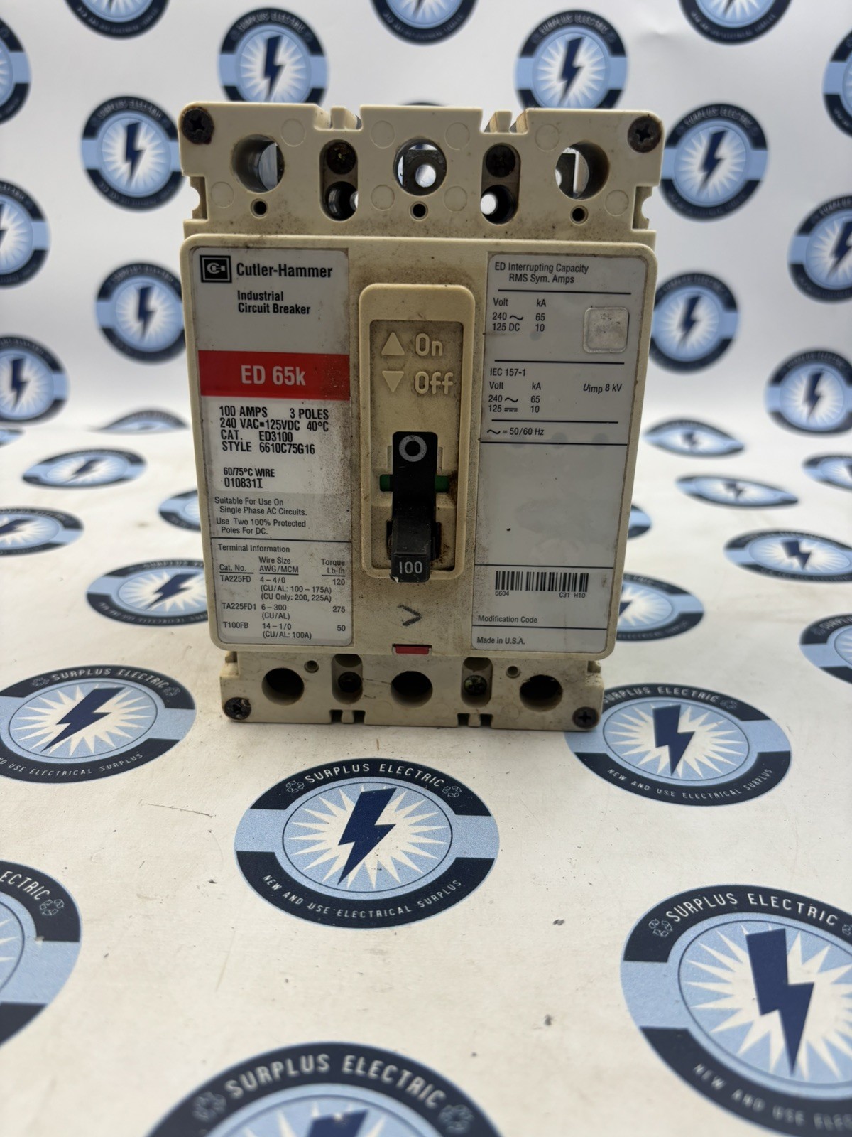 Eaton ED3100 Circuit Breaker 100 Amp 3 Pole 240 VAC 125 VDC 65k
