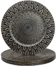 Black Charger Plates, 13 Inch Set of 6 Plastic Peacock Chargers for Dinner