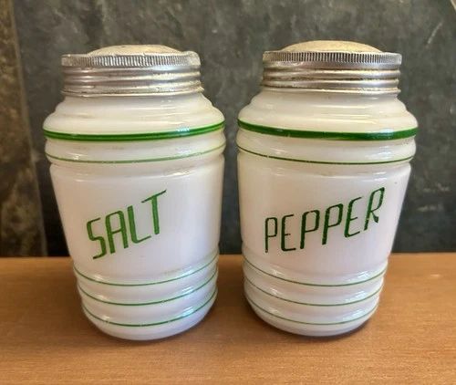 Hazel-Atlas Milk Glass Beehive Salt & Pepper Shakers 4.25" Green Stripe Vintage