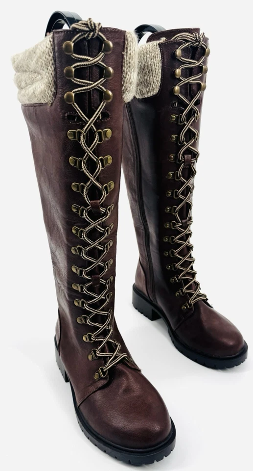 NEW Torrid Women Combat Sweater Trim Knee High Faux Leather Boots Brown Sz 7.5W - Image 2 of 4