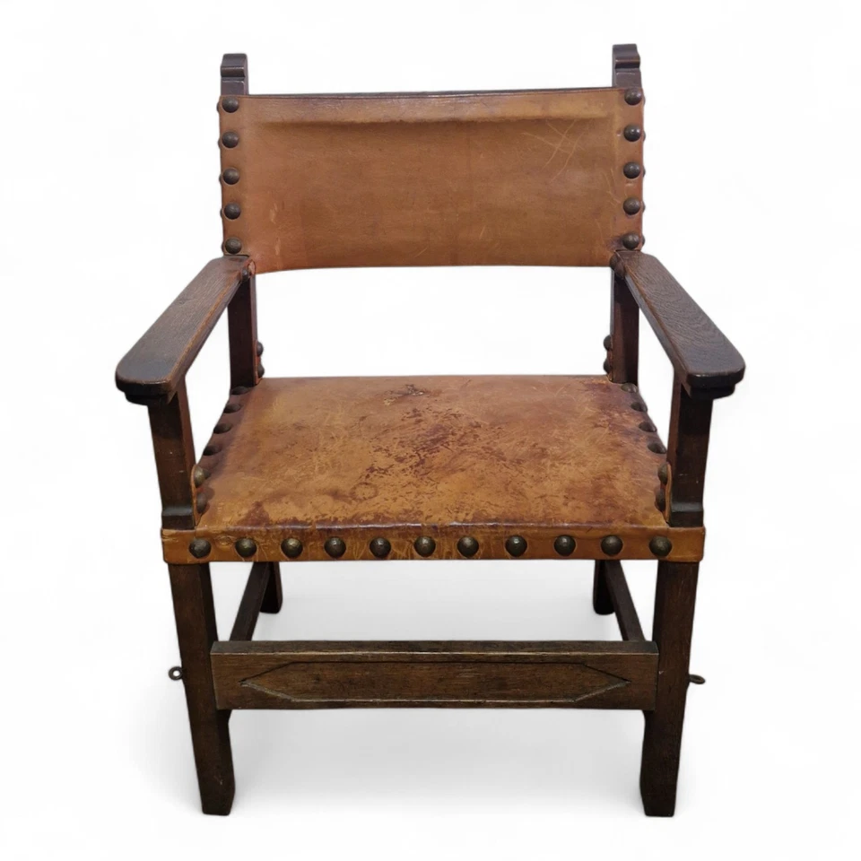 Antique rustic farmhouse chair - Spanish revival leather and oak armchair - Image 2 of 4