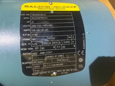 #ad baldor reliance industrial motor part number 46bk0104b01 model DBSC VP 3 lb ft $295.00